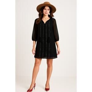 MSRP $80 ✨ Umgee Black Chiffon Shift Dress – Size M |Rhinestones & Embroidery ✨